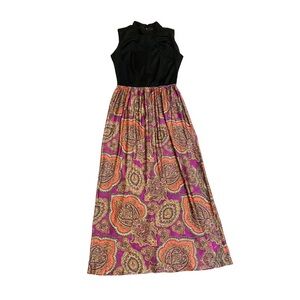 Vintage 1970s Maxi Paisley Black Dress Women Medium Psychedelic Hippie Bohemian